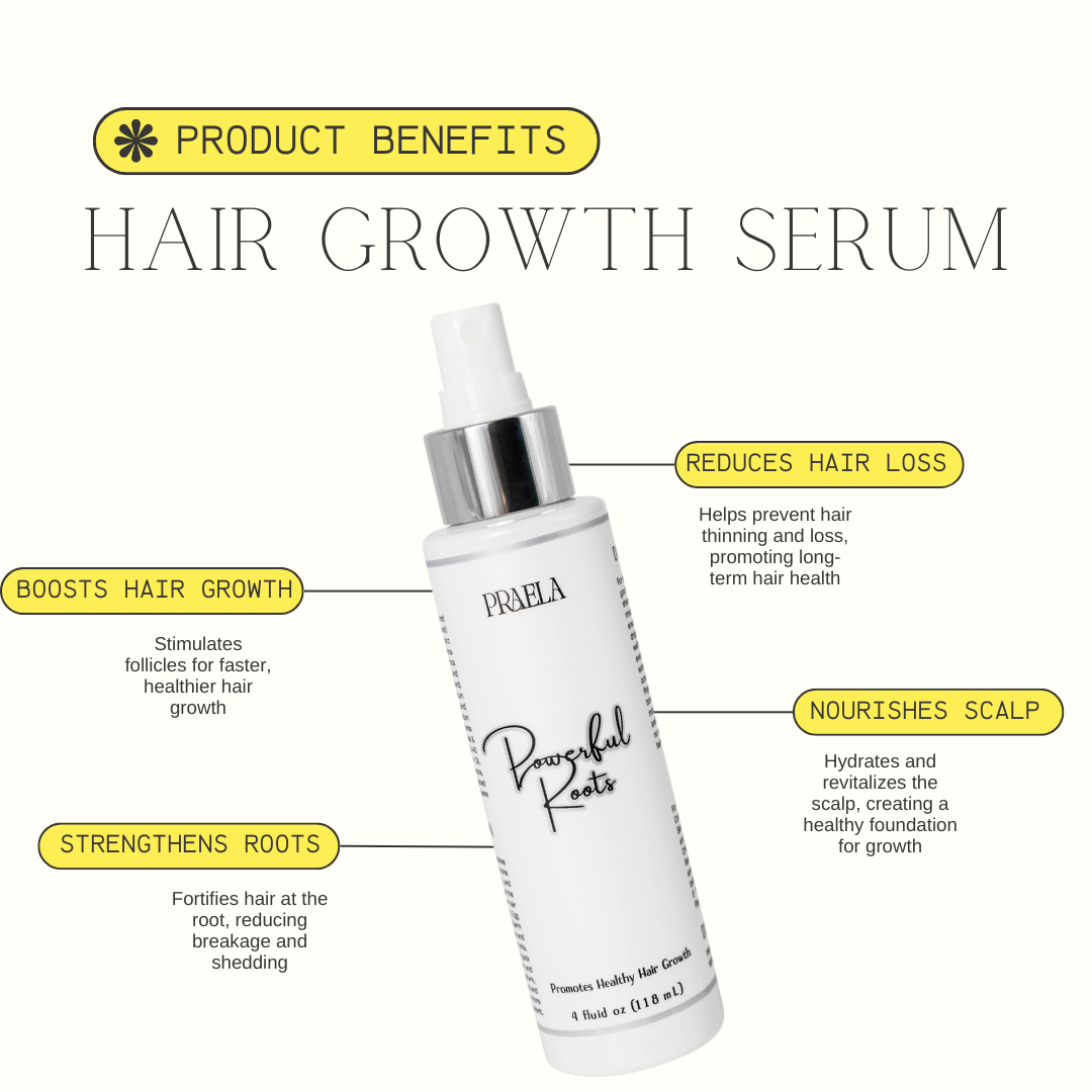 PRAELA’s Powerful Roots is a hair growth tonic for natural hair care and healthier, stronger roots. It helps with hair loss prevention and works to strengthen follicles. This nourishing serum is part of our PRAELA hair products line, offering a scalp care solution enriched with herbal ingredients. Infused with biotin, it promotes fast hair growth and vibrant locks.